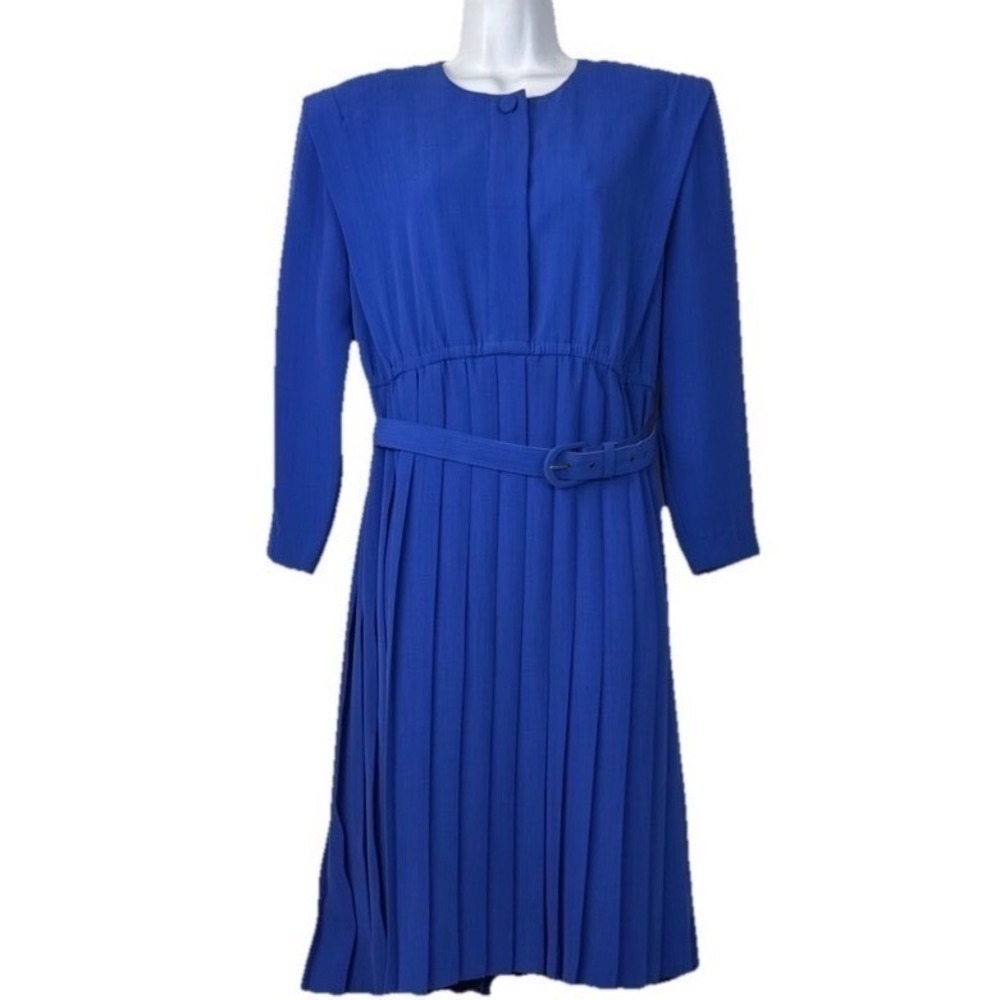 Leslie Fay Pleated Dress Women 12P Blue Vintage 80s Belted Midi Career